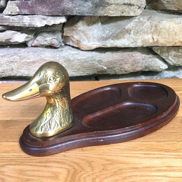 Vintage Brass Duck Wood Men's Valet Dresser Tray